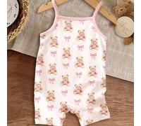 Shein Happikins Crema Blanco y Rosa Crema, Lindo y dulce oso de cuento de hadas del bosque y estampado de lazos, mono informal para bebé niña, atuendos de o