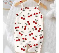 Shein Happikins Estampado de cereza lindo, "Cherry Girl" Pelele informal para niña bebé, adecuado para primavera y verano, vacaciones relajantes, fines de s