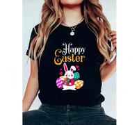 Shein Happy Easter For Girls And Women - Easter T-Shirt Print Crew Neck T-Shirt For Summer, Women's Soft Short Sleeve Top, Stylish Comfy Tee For Women Graph