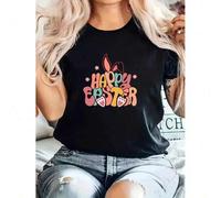 Shein Happy Easter" Graphic Tee - Soft & Comfy Polyester, Casual Round Neck Short Sleeve T-Shirt with Colorful Easter Eggs & Bunny Design, Machine Washable