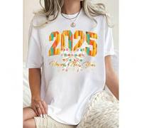 Shein Happy New Year 2025" Fun & Creative Graphic Tee for Women - Casual Round Neck Short Sleeve, Stretchy Polyester Blend, Machine Washable - Perfect for S