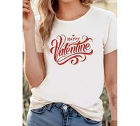 Shein Happy Valentine'S Day Casual T-Shirt, Knit Fabric with Medium Stretch, Crew Neck, Printed Love Heart & Rose Pattern, Fashion Retro Style, Women'S Summ