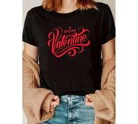 Shein Happy Valentine'S Day Casual T-Shirt, Knit Fabric with Medium Stretch, Crew Neck, Printed Love Heart & Rose Pattern, Fashion Retro Style, Women'S Summ