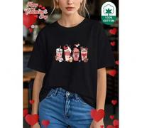 Shein Happy Valentine's Day" Love-Themed T-Shirt for Women - Ice Cream & Chocolate Pattern, Casual Round Neck Short Sleeve Tee, 100% Pure, Ideal for Spring