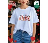 Shein Happy Valentine's Day" Love-Themed T-Shirt for Women - Ice Cream & Chocolate Pattern, Casual Round Neck Short Sleeve Tee, 100% Pure, Ideal for Spring