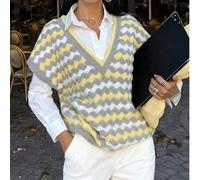 Shein Hazte rico con un chaleco de mujer de otoño e invierno de moda y elegante, de estilo urbano y casual. Diseño de rayas en onda gris, amarillo y blanco,
