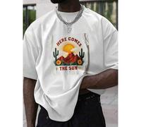 Shein Here Comes The Sun Desert Graphic T-Shirt - Men's Casual Short Sleeve Crew Neck Tee, Vintage Mountain Cactus Print Oversized Top, Summer Breathable Co