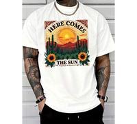 Shein Here Comes The Sun Graphic Tee - Casual Crew Neck Short Sleeve T-Shirt, Vintage Western Style, Cactus Sunflower Print, Soft And Breathable Cotton Blen