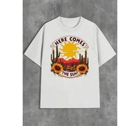 Shein Here Comes The Sun T-Shirt - Desert Landscape Graphic Tee With Sunflowers & Cacti, Casual Crew Neck, Short Sleeve, Soft Cotton Blend, Breathable Summe