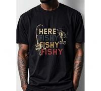 Shein HERE FISHY FISHY Fishy Graphic T Shirts,Top For Men Black Crew Neck Casual Soft 100% Cotton Funny With Sayings Mens Breathable Moisture-Wicking Quick-