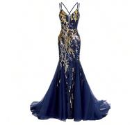 Shein Hermoso y sexy vestido con escote en V, tirantes finos, malla con lentejuelas y lazo en la espalda. Vestido de fiesta formal y elegante para mujer (ve