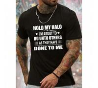 Shein Hold My Halo Graphic Men's Short Sleeve T-shirt, Comfy Stretchy Tees For Summer, Casual Daily Style Fashion Clothing