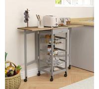 Shein HOMCOM Carrito de Cocina con Alas Plegable, Carrito Auxiliar con Ruedas, Verdulero con Cajón y 3 Cesta de Metal, 97,2x37x77,5 cm, Gris y Roble