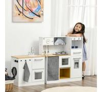 Shein HOMCOM Cocina de Juguete de Madera para Niños de +3 Años Cocinita de Juguete con Luz Sonidos Taburete Cafetera Máquina de Hielo Lavadora Horno Refrige