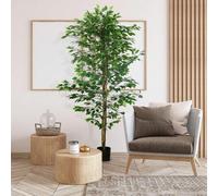 Shein HOMCOM Ficus Artificial con Troncos Naturales Planta Artificial con Maceta Árbol Artificial Decoración para Hogar Salón Oficina Verde
