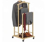 Shein HOMCOM Galán de Noche de Bambú, Perchero Burro con Ruedas, Barras para Ropa, Soporte para Pantalones, Bandeja y Estante Inferior, Perchero para Dormit