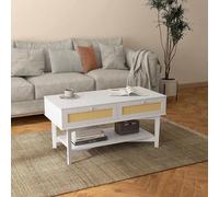 Shein HOMCOM Mesa de Centro Blanca Mesa Baja con 2 Cajones Decorativos de Ratán y Estante de Almacenamiento para Sala de Estar Carga 50 kg 100x50x50 cm
