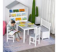 Shein HOMCOM Mesa y Sillas Infantiles de 4 Piezas Mesa Infantil con 2 Sillas y Banco con Almacenaje Juego de Muebles para Actividades para Niños de +3 Años