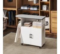 Shein HOMCOM Mueble de Plancha con Ruedas Mueble de Planchado con Barra para Colgar Ropa Estante Abierto y Tabla de Planchar 125x43,5x102,5 cm Blanco