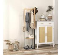 Shein HOMCOM Perchero de Pie de Bambú, con 2 Estantes, 2 Ganchos, 5 Barras, Perchero de Entrada Recibidor con Estructura de Acero, para Colgar Ropa, en Pasi
