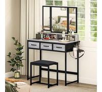 Shein HOMCOM Tocador de Maquillaje con Espejo Tríptico Desmontable, Tocador con Taburete, 3 Cajones de Tela, Estantes, Soporte para Secador de Pelo, Cesta M