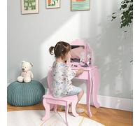 Shein HOMCOM Tocador Infantil con Taburete y Espejo Ajustable, Tocador para Niñas con Cajón, Mesa de Maquillaje para Niños y Niñas de 3-6 Años, Rosa
