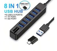 Shein Hub USB 8 en 1, expansión de 6+2 USB, con 6 puertos USB 2.0, 1 lector de tarjeta TF, 1 ranura para tarjeta SD y 1 adaptador OTG Tipo-C - Adaptador ext
