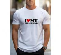 Shein I Love My Girlfriend Print Men's Round Crew Neck Short Sleeve Tee, Fashion Street Style Breathable T-Shirt, Casual Comfy Top For Spring Summer Holiday