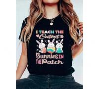 Shein I Teach The Cutest Bunnies In The Patch Easter Teacher T-Shirt Print Crew Neck T-Shirt For Summer, Women's Soft Short Sleeve Top, Stylish Comfy Tee Fo