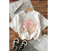Shein illustrated Flower Design "The Best Miracles Take a Little Time" Letter Printed Short Sleeve Crew Neck T-Shirt - Casual, all Seasons, Regula