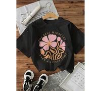 Shein illustrated Flower Design "The Best Miracles Take a Little Time" Letter Printed Short Sleeve Crew Neck T-Shirt - Casual, all Seasons, Regula