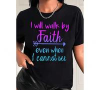 Shein Inspiring Women's Tee - "I WILL WALK BY MY FAITH" Letter Print, Vintage Style for Effortless Summer Fashion