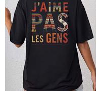 Shein J'AIME PAS LES GENS Camiseta con estampado , 100% algodón, camiseta holgada para mujer, ropa de verano, tops de verano de tallas grandes, serie K-Pop