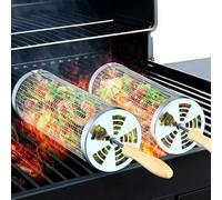 Shein Jaula de parrilla de acero inoxidable para barbacoa, cesta de parrilla con ruedas, red de cocción de parrilla de barbacoa portátil, red de barbacoa ci