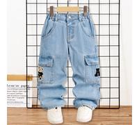 Shein Jeans cargo de pierna recta y corte holgado para niños pequeños, denim lavado azul bebé con bordado de oso lindo, pantalones para el día de la carrera