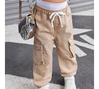 Shein Jeans cargo jogger para niña joven con cintura elástica en color caqui y blanco, diseño de doble pretina y bolsillos con cartera