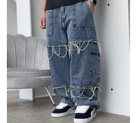 Shein Jeans casuales versátiles de pierna ancha y recta, con estilo de moda callejera personalizada, deportiva universitaria, casual y con flecos, en estilo