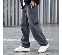 Shein Jeans de algodón para hombres con ajuste holgado, bolsillo inclinado, estilo baggy largo, lavado ancho, jean cargo liso de color gris claro, para una
