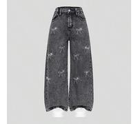 Shein Jeans de estilo Y2K para niñas preadolescentes, nueva colección de otoño/invierno, denim negro, decoración con lazo y strass, pierna ancha y suelta, j