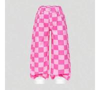 Shein Jeans de mezclilla casual a cuadros para niñas, pierna ancha y suelta, apropiados para uso diario, vuelta al colegio, otoño/invierno