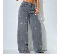Shein Jeans de mujer de cintura baja, pierna ancha, estilo casual, azul desgastado, bolsillos en diagonal, decoración de perlas personalizada, primavera