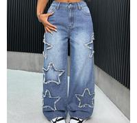 Shein Jeans de mujer estilo Y2K, jeans casuales sueltos de pierna ancha con parches en forma de estrella, pantalones de pierna ancha, ropa de vuelta al cole