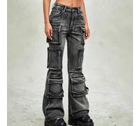 Shein Jeans de pierna acampanada versátiles de estilo Kpop gris con efecto lavado y múltiples bolsillos, estilo punk del yermo