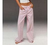 Shein Jeans de pierna ancha asimétricos de cintura rosa de estilo casual para mujer, pantalones de estilo retro callejero, silueta en línea H, rosa, Día de