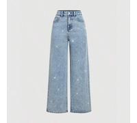 Shein Jeans de pierna ancha azules con decoración de strass para mujeres de talla grande CURVE