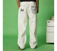 Shein Jeans de pierna ancha con estampado de nota musical vintage y letra "Bad" con cara sonriente, estilo callejero casual de pierna recta