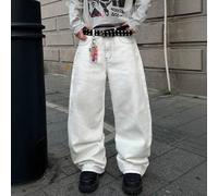 Shein Jeans de pierna ancha con estampado de nota musical vintage y letra "Bad" con cara sonriente, estilo callejero casual de pierna recta