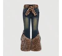 Shein Jeans de talla grande con estampado de leopardo de peluche, efecto desgastado y parches de color claro en estilo vintage