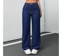 Shein Jeans de talla grande de unicolor con bolsillo, ajuste holgado, azul, para invierno, Navidad, Año Nuevo, Acción de Gracias, viajes, graduación, estilo