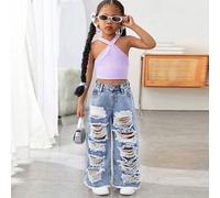 Shein Jeans de tiro ancho sueltos con bolsillos y rasgados para niñas en estilo Y2K